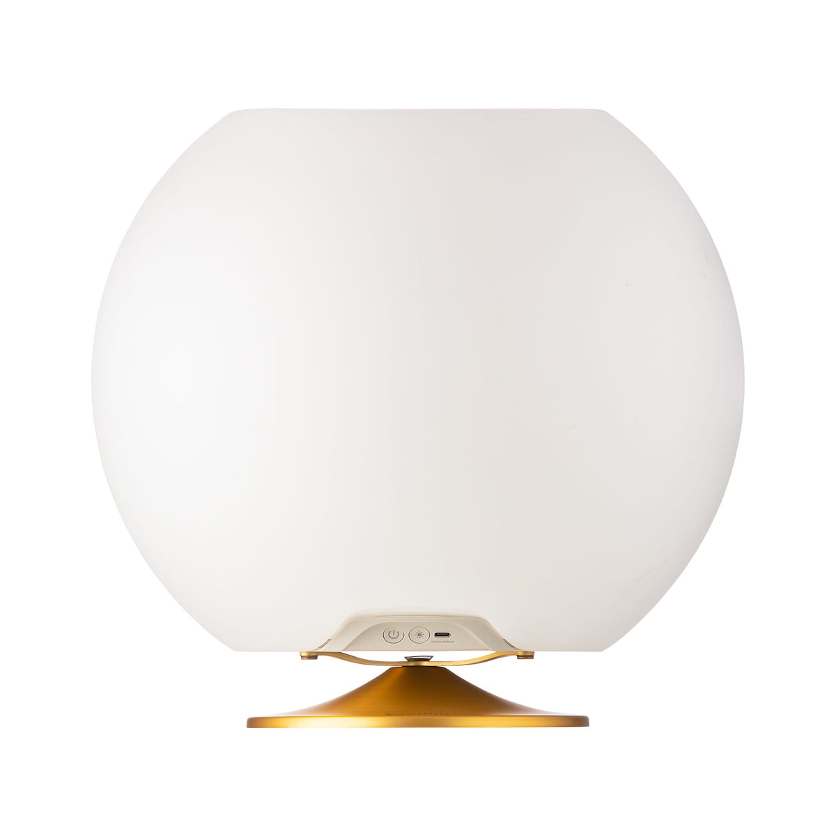 Kooduu Sphere Brass: Danish-designed speaker lamp with Bluetooth, dimmable warm light, brass stand, and integrated drinks cooler.