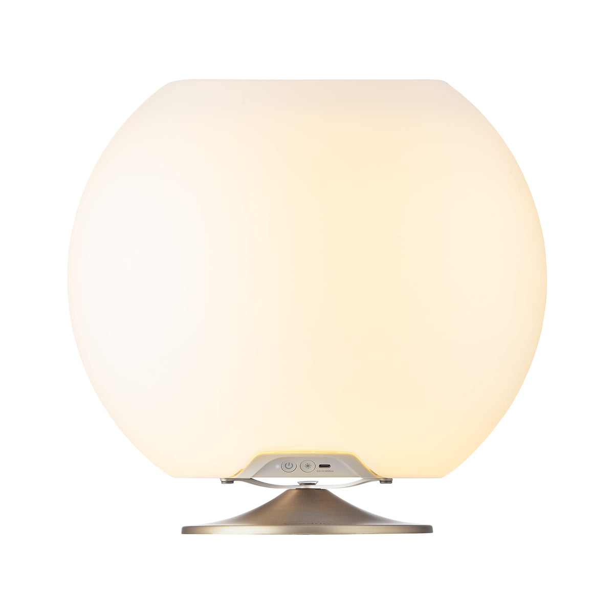 ooduu Sphere Silver: premium speaker lamp with Jacob Jensen design, Bright Sound Technology™, and brass stand for home entertainment.