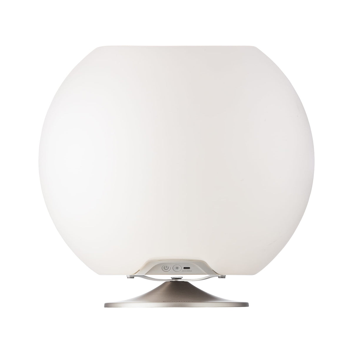 Kooduu Sphere Silver: Danish-designed speaker lamp with Bluetooth, dimmable warm light, brass stand, and integrated drinks cooler.