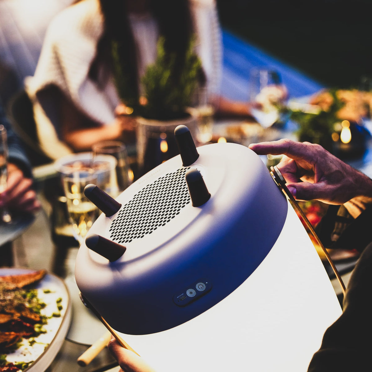 Lite-up Play by Kooduu: JBL-powered audio and warm LED ambiance with elegant wooden handle and Nordic-inspired design.