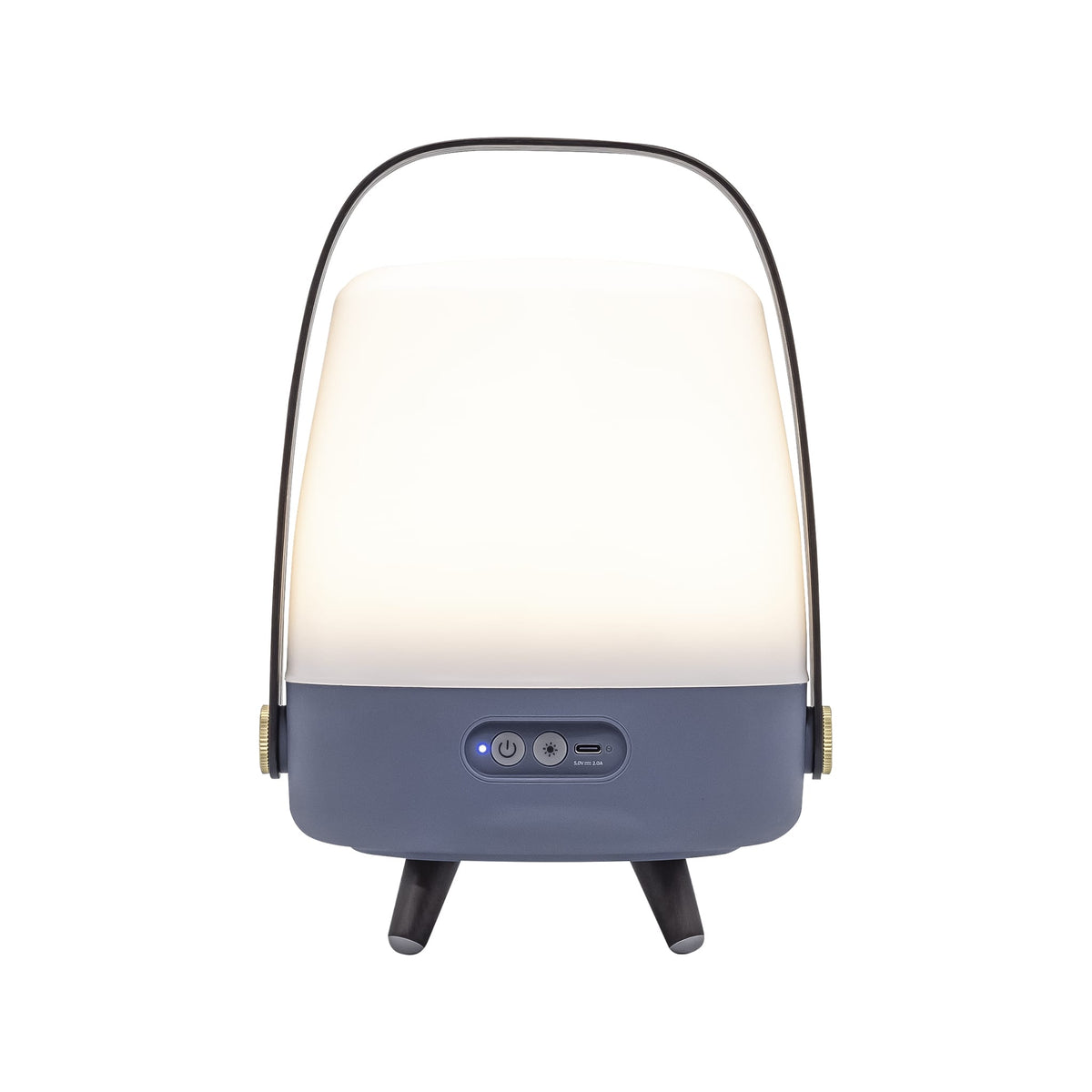 Kooduu Lite-up Play Mini in Ocean Blue: compact Bluetooth speaker lamp with JBL sound, warm LED light, and elegant wooden handle.