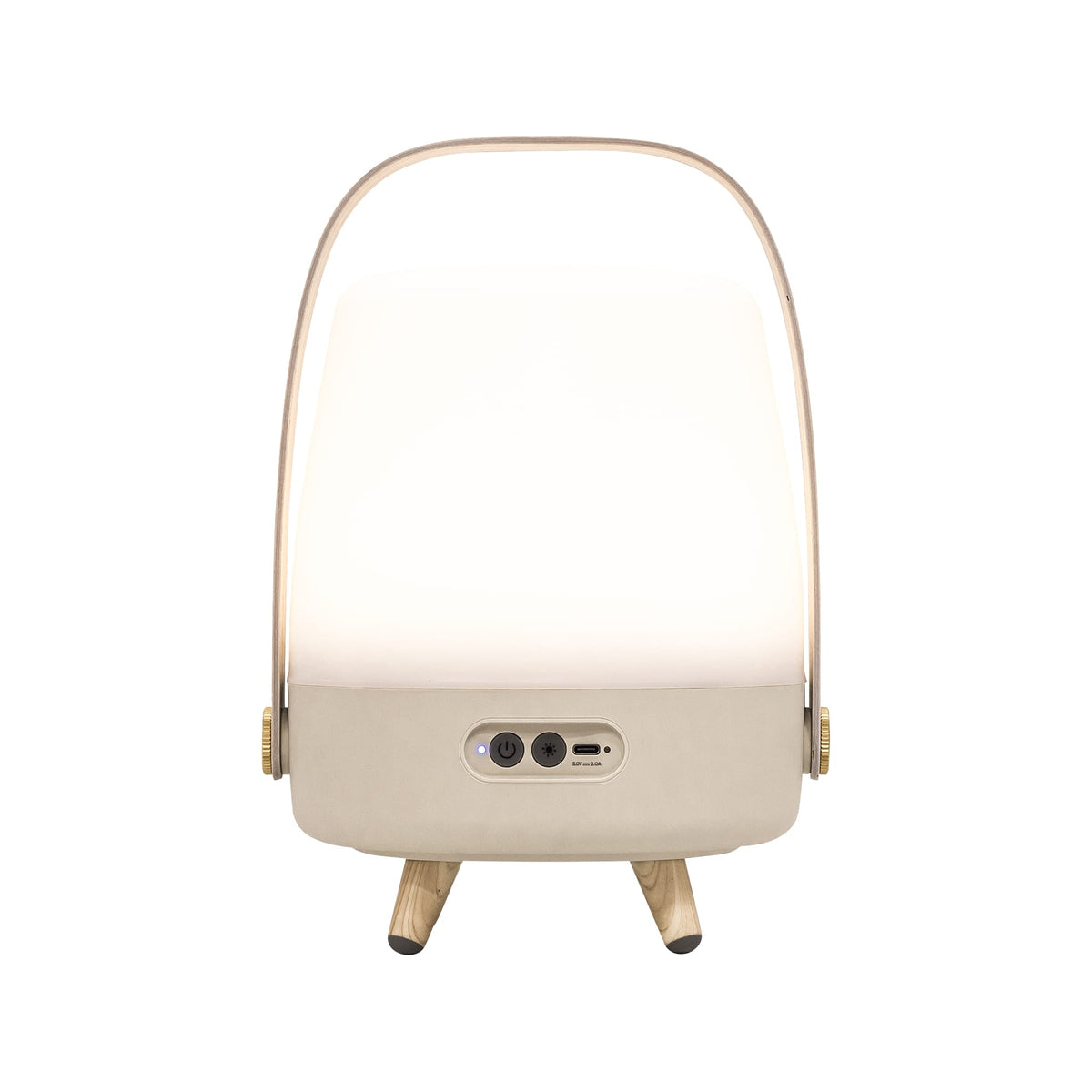Kooduu Lite-up Play Mini in Sand: compact Bluetooth speaker lamp with JBL sound, warm LED light, and elegant wooden handle.